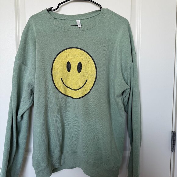 Green Smiley Face Sweatshirt – Unisex Style – Lightweight Pullover – XL - Picture 1 of 3